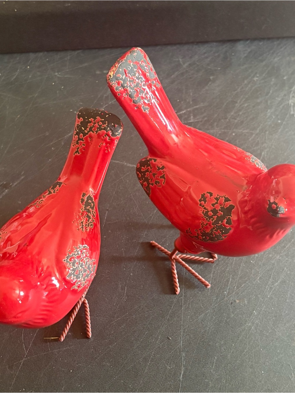 Distressed ceramic red/black bird figurines wire feet pair rustic farmhouse